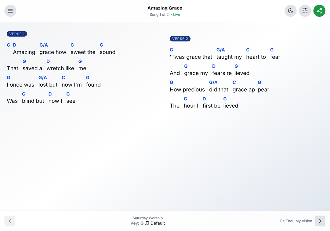 PraiseShare worship leader app — leading view on iPad, screen 1