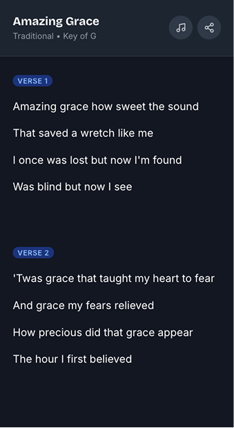 PraiseShare lyrics view on phone, screen 1
