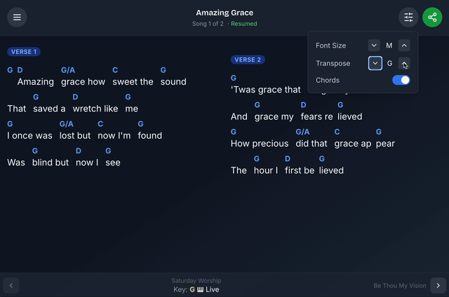 Transposing a song to a new key on PraiseShare