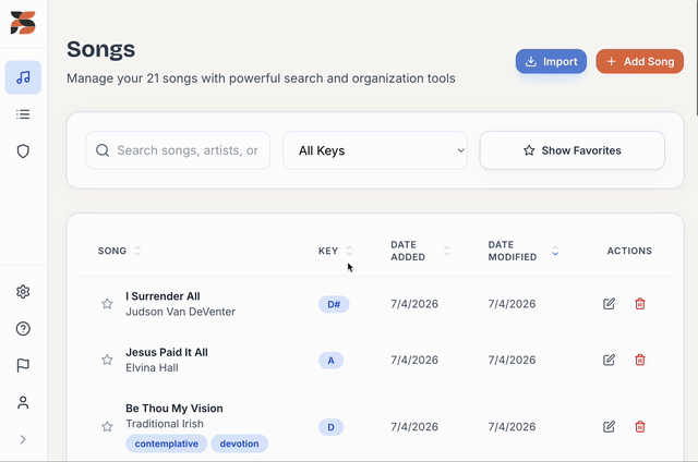 Browsing the song library on PraiseShare